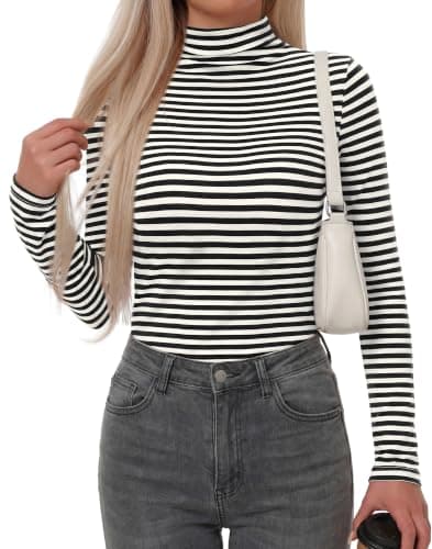 BTFBM Long Sleeve Shirts for Women Turtleneck Striped Shirt Lightweight Basic Thermal Underwear Tops 2026 Fall Fashion(Black White, Medium) - Image 1