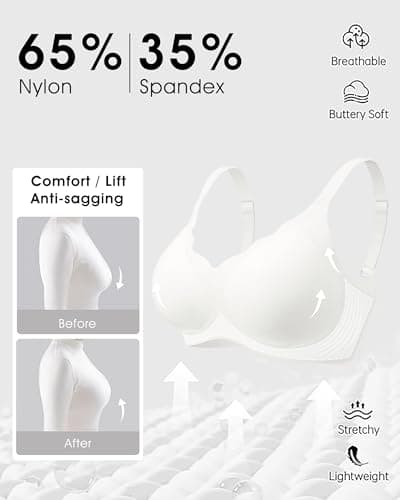 SHIJIALI Women's Seamless Bras Scalloped Push Up Support Full Coverage No Underwire Bra Wireless Comfort Tshirt Bra White - Thumbnail 3
