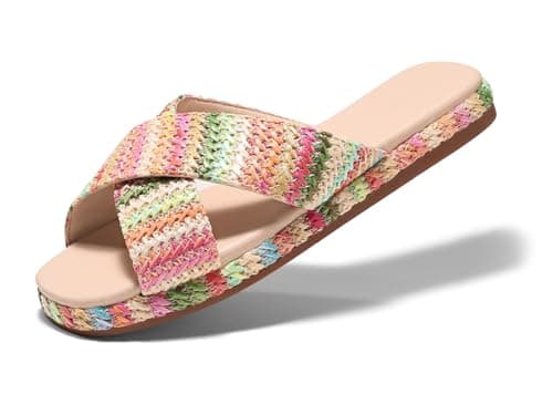 Coutgo Womens Flat Sandals Espadrilles Raffia Open Toe Slides Cross Strap Slip On Summer Dressy Beach Shoes,Size Fits Large - Image 1