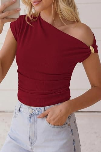PRETTYGARDEN Womens Summer Off The Shoulder Crop Tops Ribbed Going Out Fitting T Shirts Trendy Spring Y2k Clothes 2026(Burgundy,Small) - Thumbnail 4