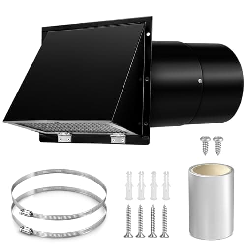 6 Inch Hooded Wall Vent Cover with Screen and Damper Galvanized Steel Exhaust Vent for Kitchen Range Hood HVAC Dryer, Black