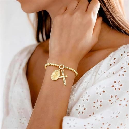 Goxygen Cross Virgin Mary Beaded Bracelet -14K Gold Plated Copper Stretch Bracelet, Dainty Elastic Bead Chain Gift for Her, Religious Jewelry for Baptism Confirmation Catholic（to My Godmother-Gold） - Thumbnail 2
