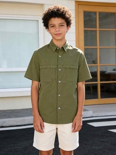 Funnycokid Boys Dress Shirts Button Down Short Sleeve Size 16 15 Teen Army Green Casual Cotton Woven with 3 Pockets - Thumbnail 3