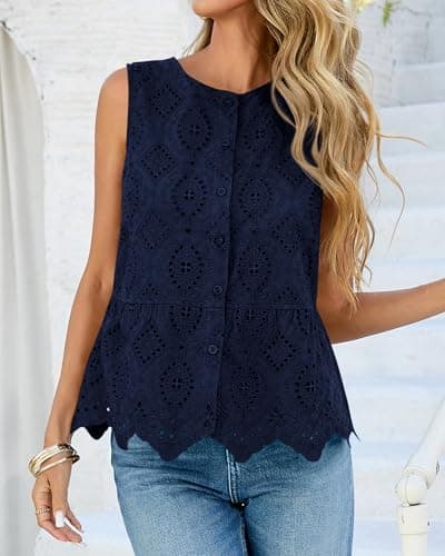 BTFBM Womens Tank Tops 2026 Summer Casual Sleeveless Button Down Shirts Embroidered Eyelet Blouse Beach Vacation Clothes(Navy, X-Large) - Thumbnail 6