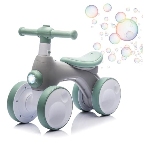 JoyRydz Baby Balance Bike 1 Year Old with Music, Lights, Bubble Machine, 4 Wheels Pedal-Less Toddler Ride on Toys for 12-36 Months Birthday Gift, Toddler boy Toys Ride on car (Green & Gray) - Image 1