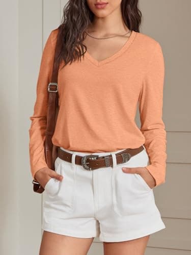 ATHMILE Womens 2026 Fall Long Sleeve Shirts Basic Apparel Shirts Trendy V Neck Tshirt for Women Curved Hem Tops - Thumbnail 3