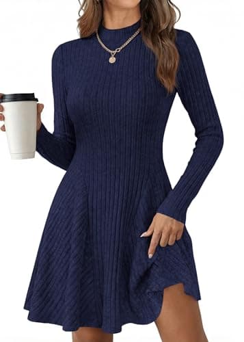 KIRUNDO Sweater Dress for Women 2026 Spring Fall Long Sleeve Mock Turtleneck A Line Fit and Flare Ribbed Knit Short Dresses(Navy, XX-Large) - Image 1
