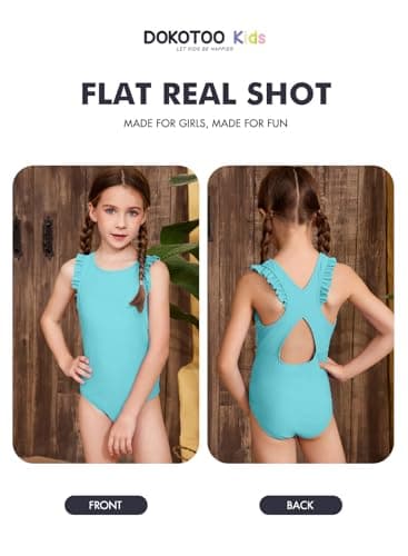 DOKOTOO KIDS Girls Swimsuit Summer Little Girl Ruffle Sleeveless Swim Suits Cute One Piece Swimwear Beachwear Casual Solid Cross Back Hollow Out Bathing Suit Mint Blue Size 6 7 Years Old - Thumbnail 3