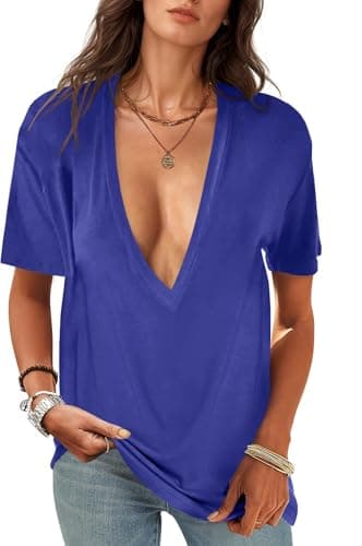 UNCLECAT Womens Deep V-Neck T Shirts Sexy Short Sleeve Tops Summer Oversized Tee - Image 1