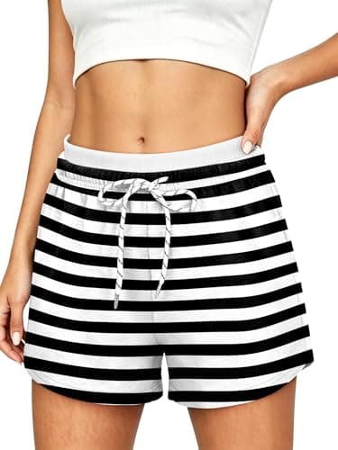 KISSMODA Women Casual Striped Shorts Contrast Waist Printed Drawstring Vacation Home Party Daily Wear HorizontalStripe M - Image 1