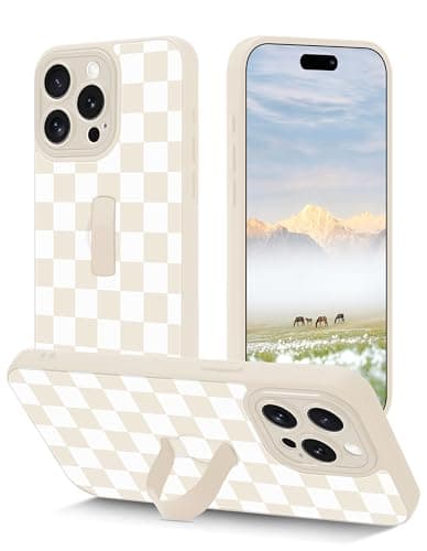 Aitipy Checkered Phone Case Compatible with iPhone 13 Pro Max, with Finger Hand Strap Kickstand Shockproof Full Camera Protection Soft TPU Protective Cover for Women Girls, Beige Checkerboard