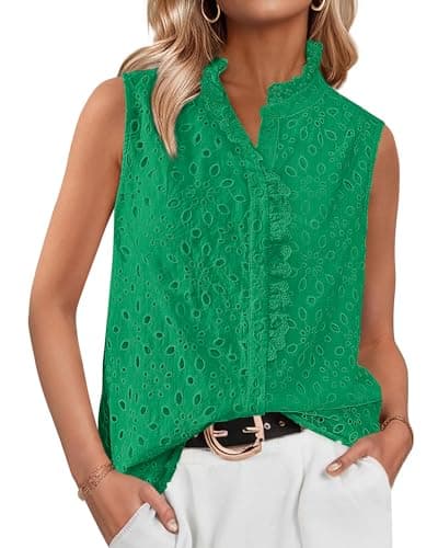 BTFBM Womens Sleeveless Button Down Shirts Ruffle V Neck Casual Hollow Out Eyelet Tops Boho Spring Vacation Blouse 2026(Green, Small) - Image 1