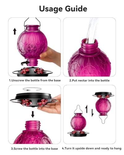 26Oz Hummingbird Feeder for Outdoors, Vintage Glass Bird Feeder with Perch, Durable & Easy to Clean, Hanging Nectar Feeder for Garden, Yard, Deck – Gifts for Women Mom (Violet) - Thumbnail 4