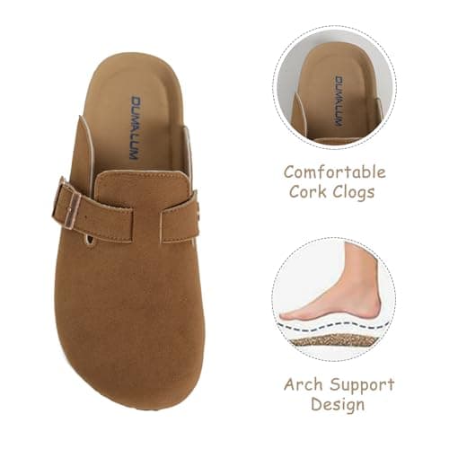 Dumalum Suede Brown Clogs for Women & Men - Comfort Cork Footbed with Arch Support - Adjustable Buckle Mules Slip-On Sandals Unisex Potato Shoes Home Slippers - Thumbnail 5