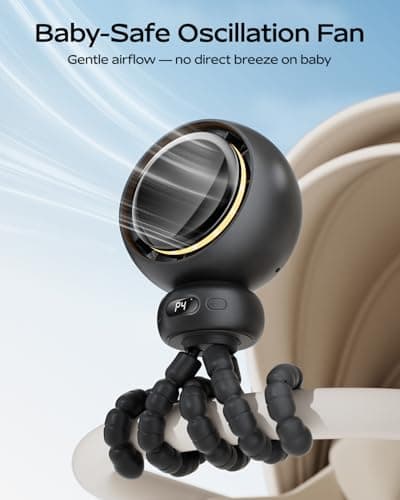 Bearwind Mini Portable Stroller Fan – 60° Auto Oscillation, Quiet USB-C Rechargeable Baby Fan, 4 Speeds, Night Light & Warning Light, Flexible Tripod for Stroller, Car Seat, Crib, Camping (Black) - Thumbnail 2