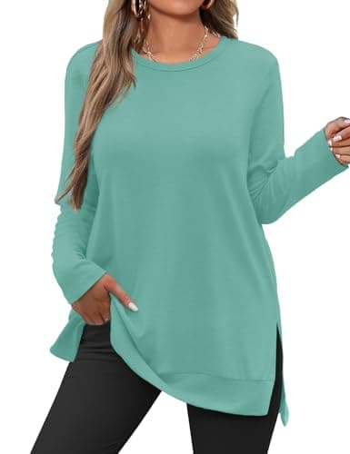 JUSTFASHIONNOW Womens Long Sleeve Tunic Tops to Wear with Leggings Crew Neck Side Split Layering Shirts Loose Fit Long Tops Cadet Blue