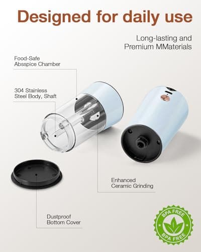 Gravity Electric Salt and Pepper Grinder Set 2-Pack - USB-C Rechargeable Base, Auto LED Light for BBQ/Camping, Adjustable Coarseness & Large Capacity - Stainless Steel (Morning Haze) - Thumbnail 5