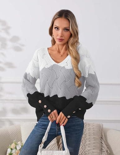 Libsorge Womens Oversized Cute Color Block Button Sweater Spring 2026 Trendy Ladies Dressy Casual Outfits Lightweight Crochet Knit Hollow Out Sexy V Neck Long Sleeve Pullover Sweaters Grey S - Thumbnail 5