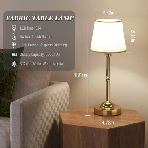 CHLORANTHUS 2 Pack Cordless Table Lamps, 3 Colors Stepless Dimming Fabric Desk Lamp, 6000mAh Rechargeable Battery LED Desk Lamp, Touch Night Light for Bedroom, Dining, Desk, Cafe - Thumbnail 3