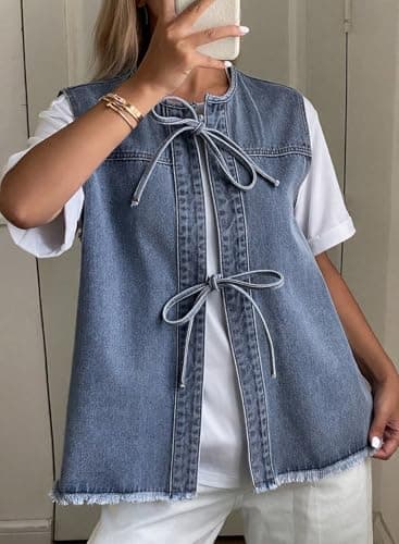 Astylish Womens Dressy Casual Bow Tie Denim Vest Shirts Distressed Sleeveless Henley Neck Park Work Blouse Casual 2026 Summer Spring Shirts Tops Light Blue X-Large - Thumbnail 2