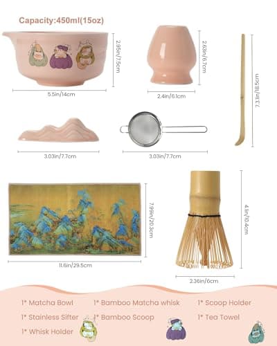 Matcha Whisk Tea Set Kit Japanese Matcha Kit - Matcha Bowl, Matcha Whisk and Holder, Bamboo Scoop, Scoop Rest, Sifter and Tea Towel - for Tea Ceremony Breakfast Lattes - Home Kitchen Christmas(Pink) - Thumbnail 2