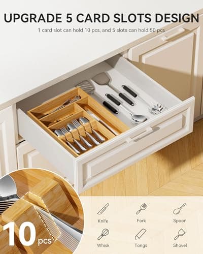 Yofidra Bamboo Silverware Organizer, 16.3″x12.24″x2.6″ Kitchen Utensil Drawer Organizer, Silverware Tray for Drawer with Fixed Slots for Spoons, Forks & Knives, Natural - Thumbnail 3