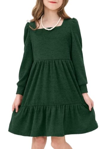 JiAmy Toddler Dress Little Girls Long Sleeve Sweater Knit Fall Winter Casual Tiered Dresses with Pocket Dark Green 3-4 Years - Image 1