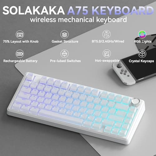 SOLAKAKA A75 Wireless Gaming Keyboard with Multifunction Knob, BT5.0/2.4GHz/USB-C, 75% Mechanical Keyboard, Hot-Swappable, Gasket Creamy Keyboard with RGB Backlit, Crystal Keycaps, for PC/Mac/PC - Thumbnail 2