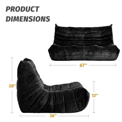 Homguava Bean Bag Chair, Giant Beanbag Chairs for Adults, Memory Foam Fireside Chair, Large Lazy Floor Sofa, Sofa Couch with High-Rebound Foam, Lounge Chair for Living Room, Bedroom (Black, 3-Seater) - Thumbnail 2