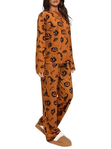 REORIA Funny Halloween Pajamas Women Button Up 2 Piece Pajama Set Sleepwear Orange Pumpkin Large - Thumbnail 2