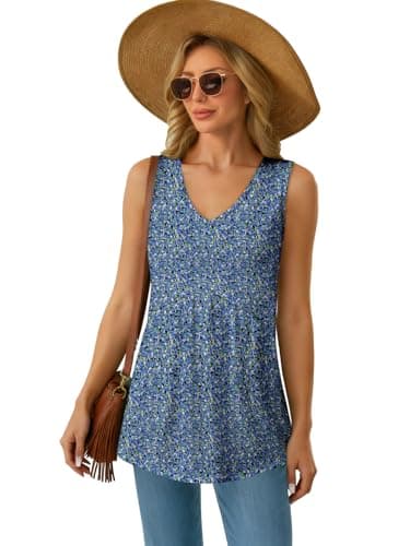 GKBK Womens Tank Tops 2026 V Neck Babydoll Flowy Peplum Hem Tops for Women Dressy Sleeveless Floral Tank Tops Boho Chic Spring Summer Clothing Blue Flower - Thumbnail 6