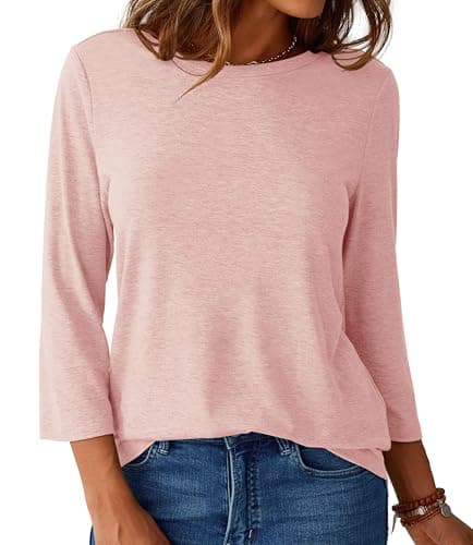 GKBK Womens Tops 3/4 Sleeve Shirts Round Neck Casual Blouses Basic Loose Fit Pullover Tshirts Dusty Pink M - Thumbnail 6