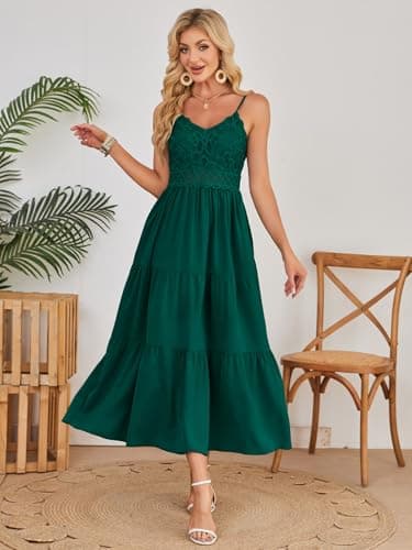 Dokuritu Women's Beach Crochet Lace Maxi Dress Solid Color Summer Vacation Spaghetti Strap Long Dress 2025 - Thumbnail 3