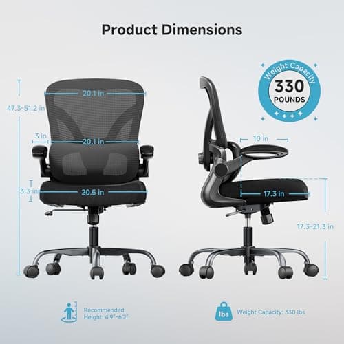 PKPT Mesh Office Chair, 330LBS Ergonomic Comfy Desk Chair with Adjustable Lumbar Support, Executive Computer Chairs for Home Office, Black - Thumbnail 2