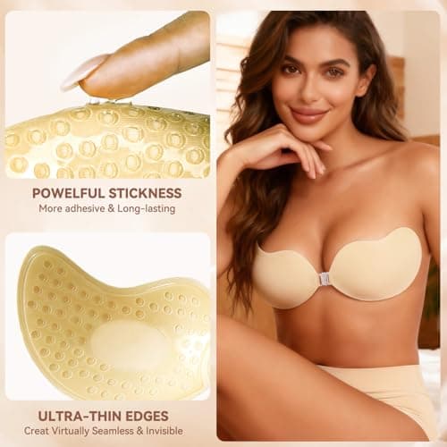Strapless Sticky Bra Invisible Adhesive Bras with Front Clasp Silicone Stick on Ladies Push Up Seamless Reusable (US, Cup Band, B, Beige + Navy) - Thumbnail 3