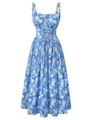 Scarlet Darkness Floral Dress for Women 2026 Corset Milkmaid Dresses Casual Summer Sundress with Pockets Blue Floral S - Image 1