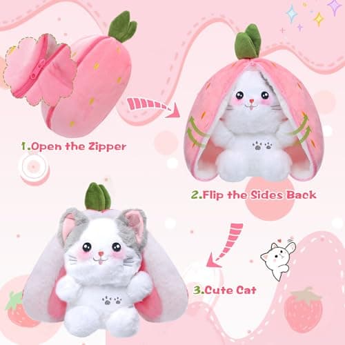 MIAODAM Easter Cat Toys, Stuffed Cat Plush, Kawaii Squishy Cute Strawberry Turn Into Cat Plush, Funny Plushies Toy for Kid & Adult (Strawberry Cat, 11.8inch) - Thumbnail 2