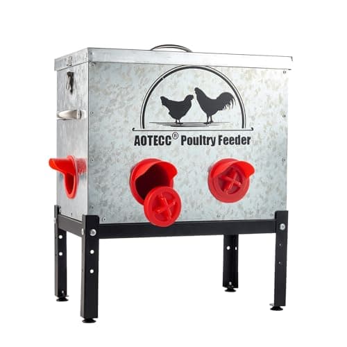 AOTECC Metal Chicken Feeder, 40lb Automatic Chicken Feeder - 6 Feeding Ports, No Waste Poultry Feeder with Locking Lid & Legs for Outdoor Inside Chicken Coops Geese Ducks, Weatherproof, Rodent Proof - Image 1