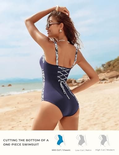 Hanna Nikole Push Up Swimsuits Long Torso Swimwear Full Coverage Slim Bathing Suit Navy Blue White Florals XX-Large - Thumbnail 4