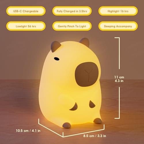 UNEEDE Capybara Night Light White Elephant Gifts - Rechargeable Silicone Touch Lamp, 2-Level Dimmable, 20-Min Timer, Safe Nursery Decor for Kids & Valentines Day Gifts - Thumbnail 3