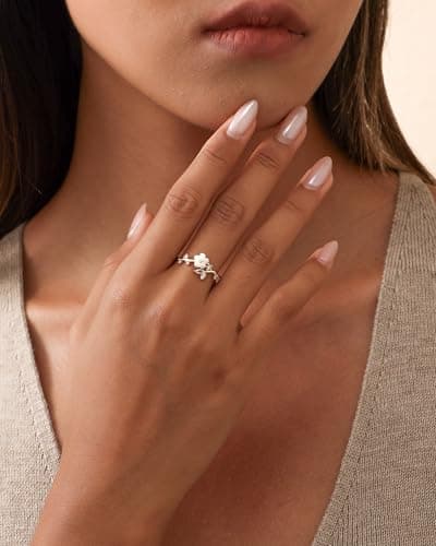 Solistra Rings for Women Non Tarnish, 14K Gold Plated Open Pearl Flower Band Adjustable Cubic Zirconia Rings for Women - Thumbnail 2
