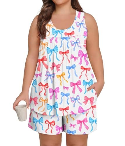 Lastshe Plus Size Pajama Set for Women Summer Sleeveless Tank Tops Shorts Pjs 2 Piece Soft Lounge Set with Pockets Sleepwear,White Bows-3X - Image 1