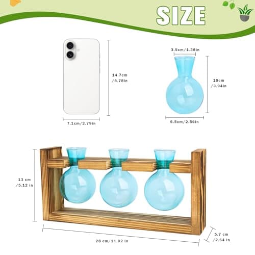 XXXFLOWER Propagation Station with Wooden Stand, 3 Bulb Glass Vase Plant Terrarium for Hydroponics Home Office Indoor Decor,Plant Gift for Mom Women Wife Friend Plant Lovers (Blue) - Thumbnail 2