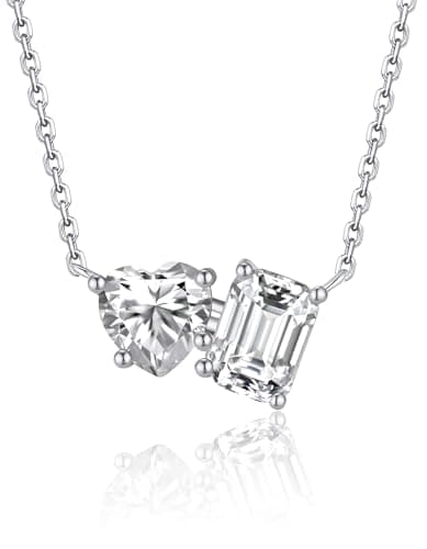 MomentWish Toi Et Moi Necklace, 2 Stone Necklace for Mom, Heart and Emerald Cut Moissanite Necklace for Women, 925 Sterling Silver Necklace Bithday Gift for Her(2Carat, VVS1), White - Image 1