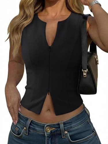 PINKMSTYLE Womens Tank Tops Sexy Crop Sleeveless Top V Neck Tight Double Lined Open Front Vest Zip Up Work Business Shirts Black X-Small - Image 1