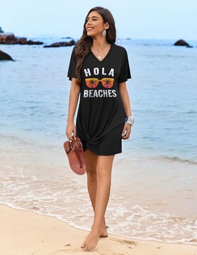 AI'MAGE Swimsuit Cover Ups for Women Short Sleeve Bathing Suit Coverup Casual Bikini Swimwear Beach Cover Up Dress(Black Sunglasses, Small) - Thumbnail 3