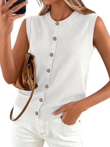 BTFBM Sweater Vest Women Casual Crewneck Loose Button Down Knit Sleeveless Cardigan 2026 Spring Clothes Summer Vest Tops(White, Small) - Image 1