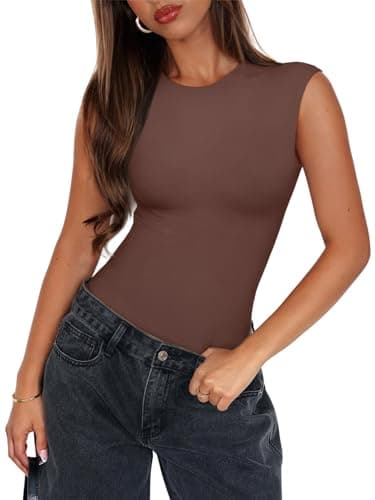 PINKMSTYLE Womens Tank Top Bodysuit Double Lined Crew Neck Summer Basic Sleeveless Going Out Body suits Tops Coffee Large - Thumbnail 2
