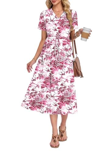 MOLERANI Casual Summer Dresses for Women Drawstring Maxi Dresses V Neck Short Sleeve Long Dress with Pockets, Ruby Secret Garden, 2XL - Image 1