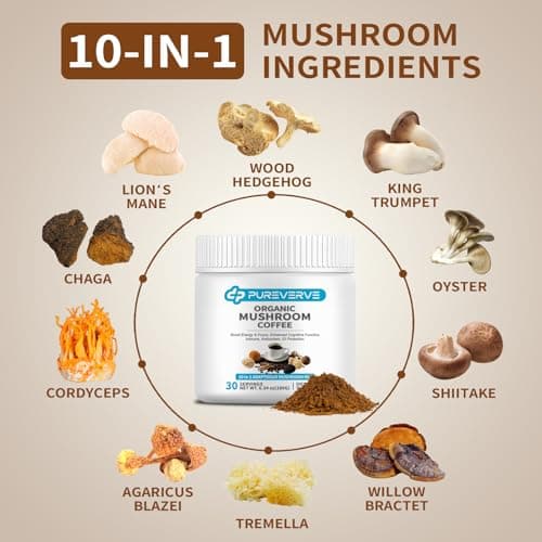 Pureverve Mushroom Coffee, Organic10 Mushroom Extract Powder Blend Lion's Mane, Reishi, Chaga, Cordyceps, Turkey Tail 30 Servings - Thumbnail 2